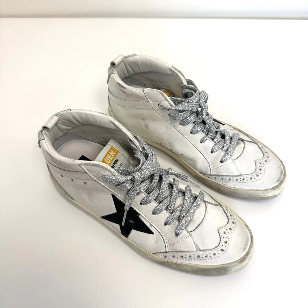 Golden Goose Mid Star White Leather Silver Glitter Lace Sneakers 38 Wingtip Shoe - Picture 5 of 6